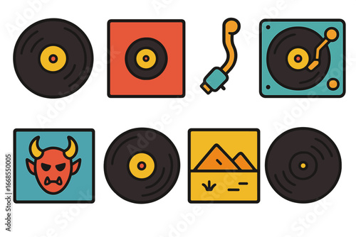Colorful Vinyl Icons. Flat vector mini-illustrations black metal vinyl records in colors children's illustrations: vinyl disc,