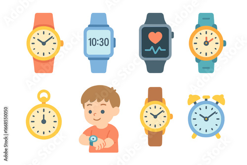 Colorful Watch Icons Grid. Flat vector mini-illustrations watch types in colors children's illustrations: analog watch, digital