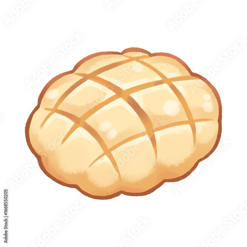 A close-up illustration of a freshly baked, golden-brown melon pan with a distinctive criss-cross pattern on its surface.