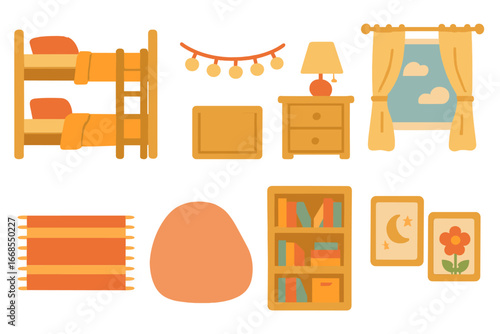 Cozy Kids' Bedroom Icons. Flat vector mini-illustrations cozy bedroom in colors children's illustrations: bunk beds, fairy lights,