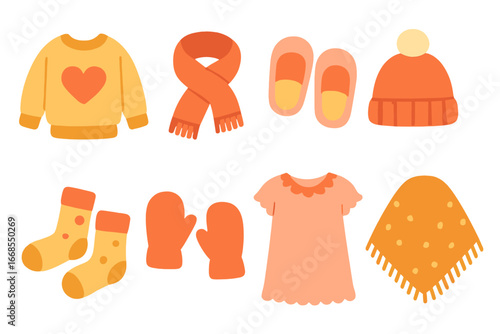 Cozy Evening Attire Icons. Flat vector mini-illustrations evening clothes in colors children's illustrations: cozy sweater, scarf,
