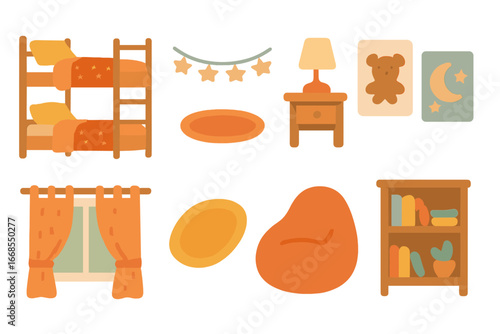 Cozy Kids' Bedroom Icons. Flat vector mini-illustrations cozy bedroom in colors children's illustrations: bunk beds, fairy lights,
