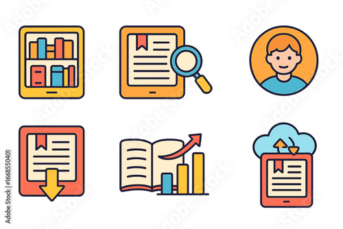 Digital Library Icons. Flat vector mini-illustrations kindle library in colors children's illustrations: digital bookshelves,