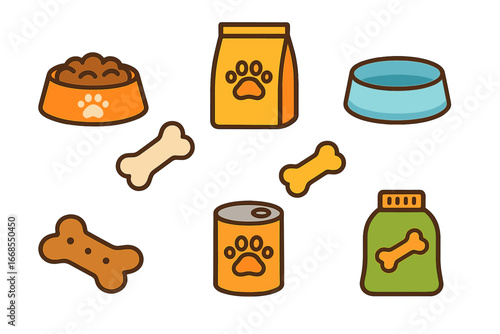 Dog Essentials Icons. Flat vector mini-illustrations dogs food in colors children's illustrations: dog food bowl, bone treat,