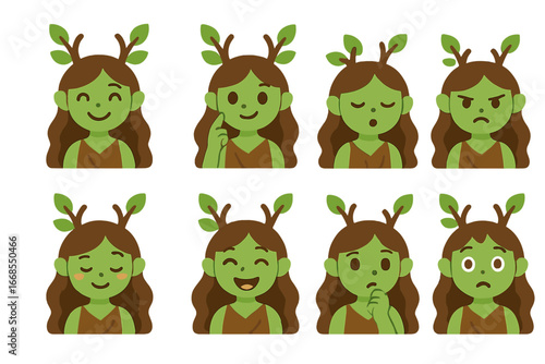 Dryad Emotions Grid. Flat vector mini-illustrations dryad emotions in colors children's illustrations: happy dryad, curious dryad,