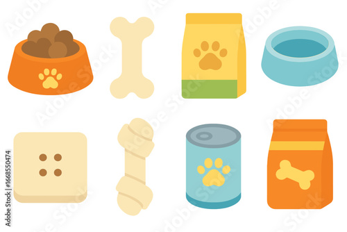 Dog Essentials Icons. Flat vector mini-illustrations dogs food in colors children's illustrations: dog food bowl, bone treat,