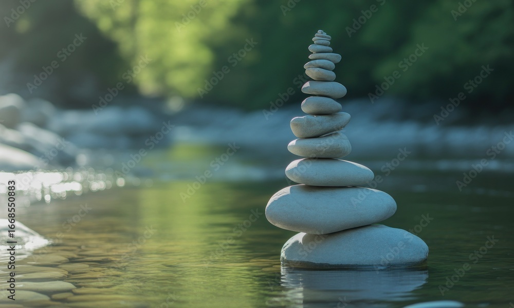 Obraz premium A delicate stack of smooth stones, balanced perfectly atop a tranquil river