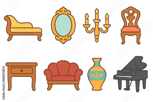 Elegant Furniture Icons. Flat vector mini-illustrations elegant furniture in colors children's illustrations: chaise lounge,