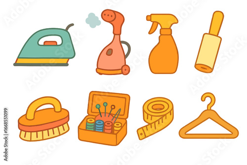 Fabric Care Tools. Flat vector mini-illustrations fabric care tools in colors children's illustrations: iron, steamer, spray