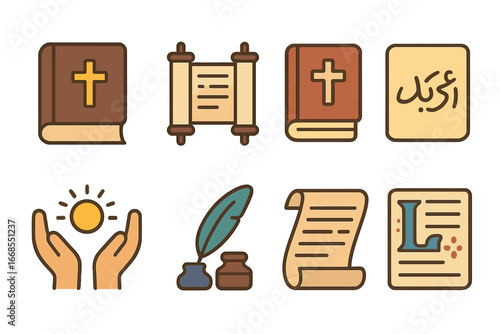 Faith Icons for Kids. Flat vector mini-illustrations faith texts in colors children's illustrations: holy book, scripture scroll,