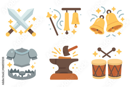 Fantasy Sound Icons. Flat vector mini-illustrations clang in fantasy sounds in colors children's illustrations: sword duel,