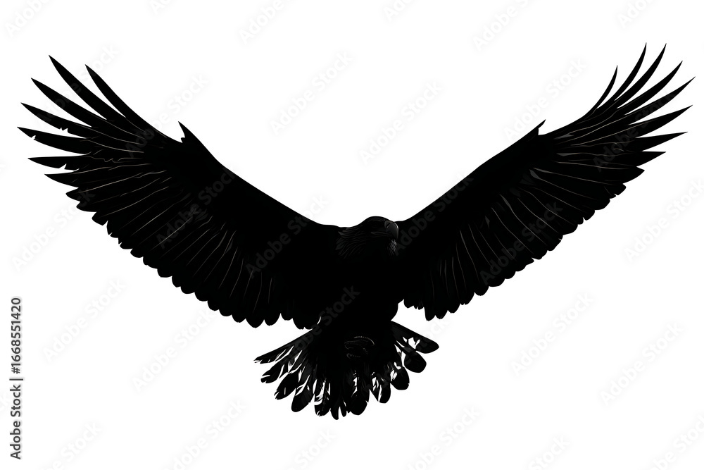 Obraz premium Majestic silhouette of a soaring eagle with outstretched wings against a white background