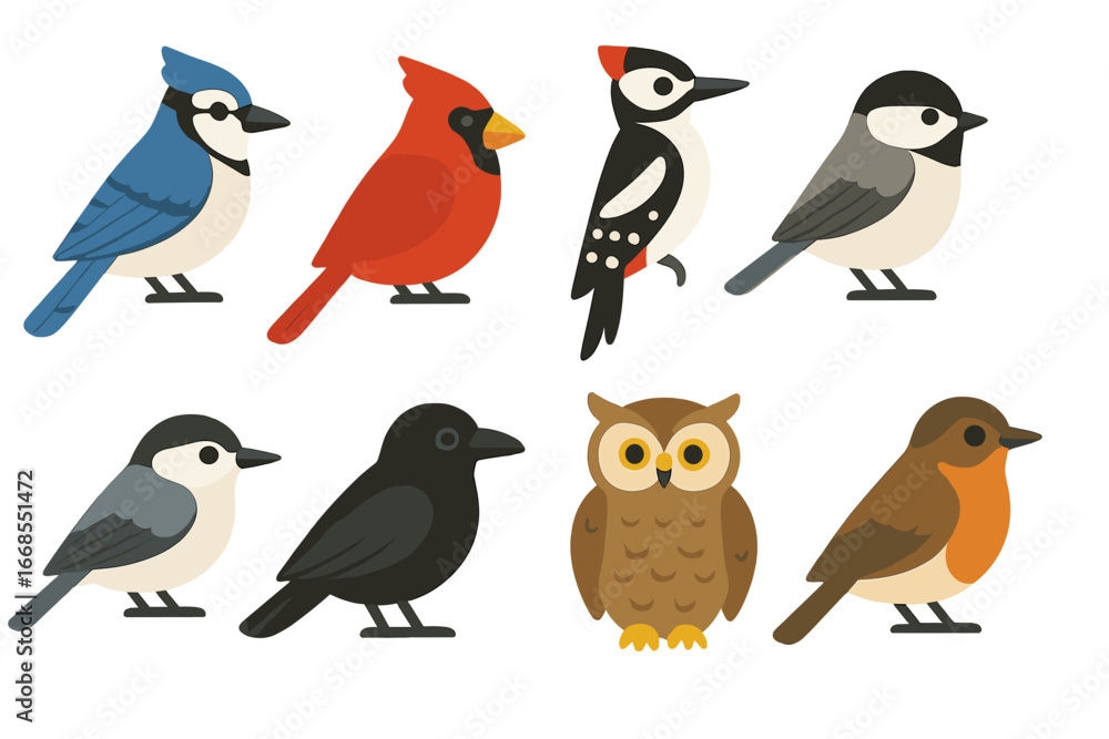 Fototapeta premium Forest Bird Icons. Flat vector mini-illustrations forest birds in colors children's illustrations: blue jay, cardinal, woodpecker,