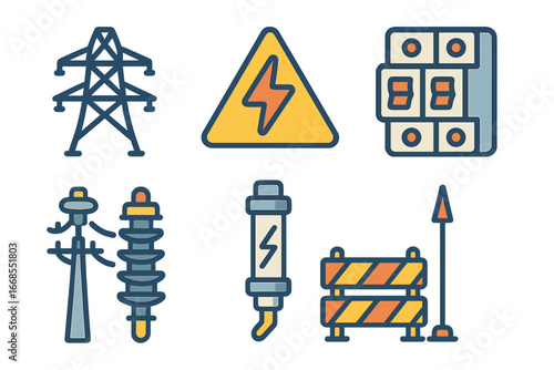 High Voltage Gear Icons. Flat vector mini-illustrations high voltage equipment in colors children's illustrations: transmission
