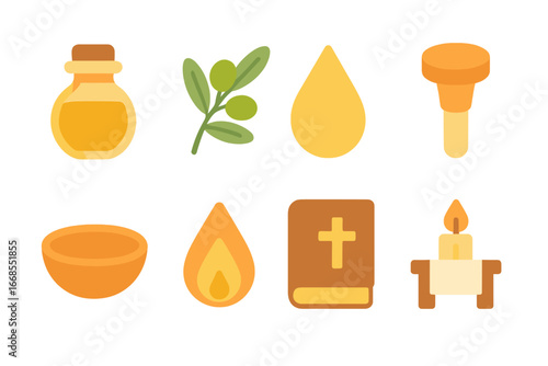 Holy Oil Icons. Flat vector mini-illustrations holy oil in colors children's illustrations: vial, olive branch, drop of oil,