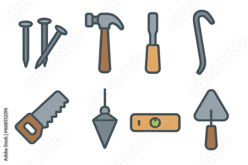 Iron Tools Illustration. Flat vector mini-illustrations old iron construction tools in colors children's illustrations: iron nails