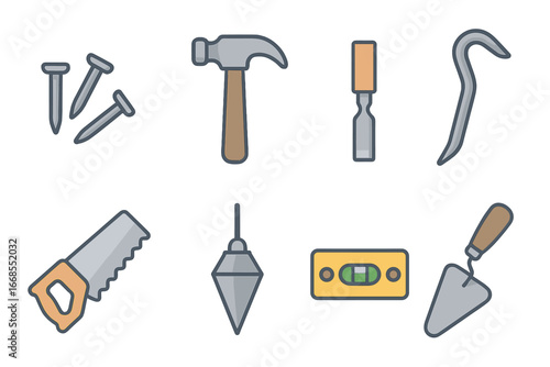 Iron Tools Illustration. Flat vector mini-illustrations old iron construction tools in colors children's illustrations: iron nails