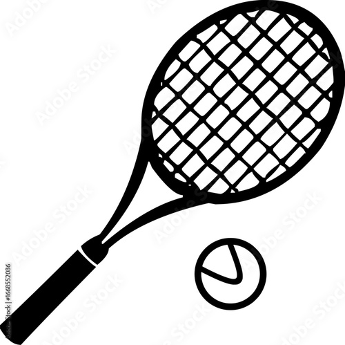 Tennis racket and ball silhouette vector illustration isolated on white background, sports icon design for logos and graphics. 