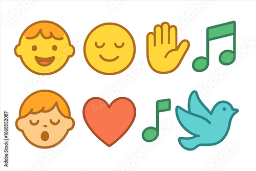 Joyful Musical Icons. Flat vector mini-illustrations chant emotions in colors children's illustrations: joyful faces, peaceful