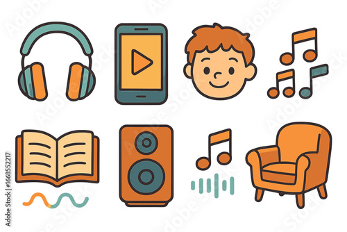 Kids Audiobook Icons. Flat vector mini-illustrations audiobook listening in colors children's illustrations: headphones,