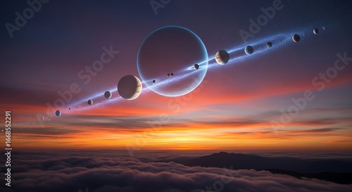 Colorful celestial bodies with rings over a landscape of clouds.