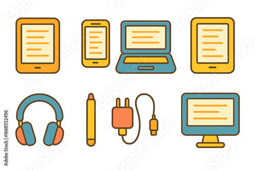 Kids' Tech Gadgets Grid. Flat vector mini-illustrations e-book devices in colors children's illustrations: tablet, smartphone,
