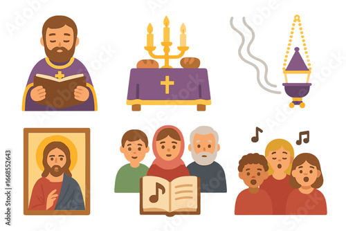 Lenten Liturgy Icons. Flat vector mini-illustrations Great Lent liturgy in colors children's illustrations: priest reading, altar