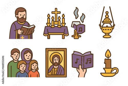 Lenten Liturgy Icons. Flat vector mini-illustrations Great Lent liturgy in colors children's illustrations: priest reading, altar
