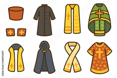 Liturgical Garments Grid. Flat vector mini-illustrations liturgical clothing in colors children's illustrations: kamilavka,