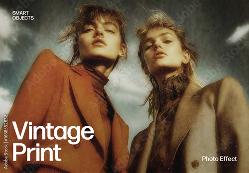 Vintage Print Photo Effect Template & Retro Film Grain Texture Overlay