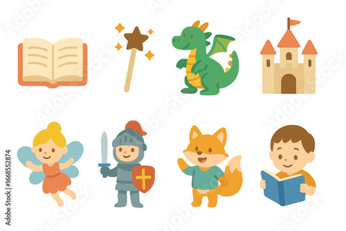 Magical Storybook Icons. Flat vector mini-illustrations fiction books in colors children's illustrations: open book, magic wand,