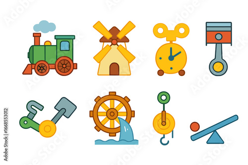 Mechanical Energy Icons. Flat vector mini-illustrations mechanical energy in colors children's illustrations: steam engine,