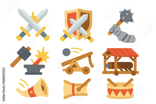 Medieval Battle Icons. Flat vector mini-illustrations clang in medieval battle in colors children's illustrations: knight’s sword