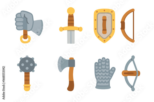 Medieval Weapon Grips. Flat vector mini-illustrations medieval grips in colors children's illustrations: knight’s gauntlet, sword