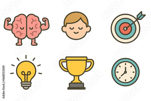Mental Strength Icons. Flat vector mini-illustrations mental strength in colors children's illustrations: brain with muscles, calm
