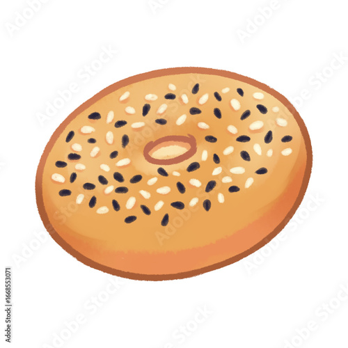 A close-up illustration of a sesame seed bagel with a hole in the middle, on a white background.