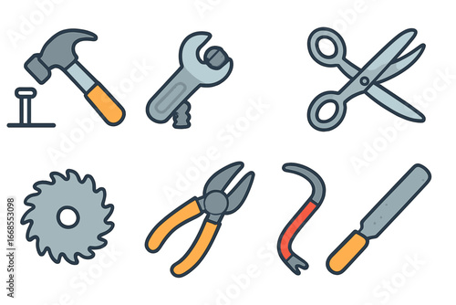 Metallic Tools Grid. Flat vector mini-illustrations metallic tools in colors children's illustrations: hammer striking nail,