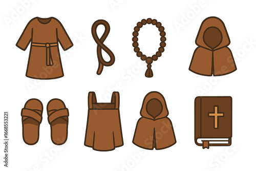 Monastic Clothing Icons. Flat vector mini-illustrations Monastic clothing in colors children's illustrations: monastic robe, belt,