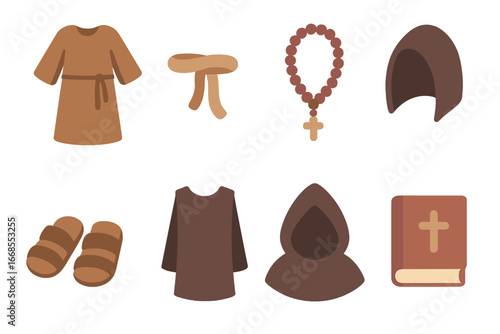 Monastic Clothing Icons. Flat vector mini-illustrations Monastic clothing in colors children's illustrations: monastic robe, belt,