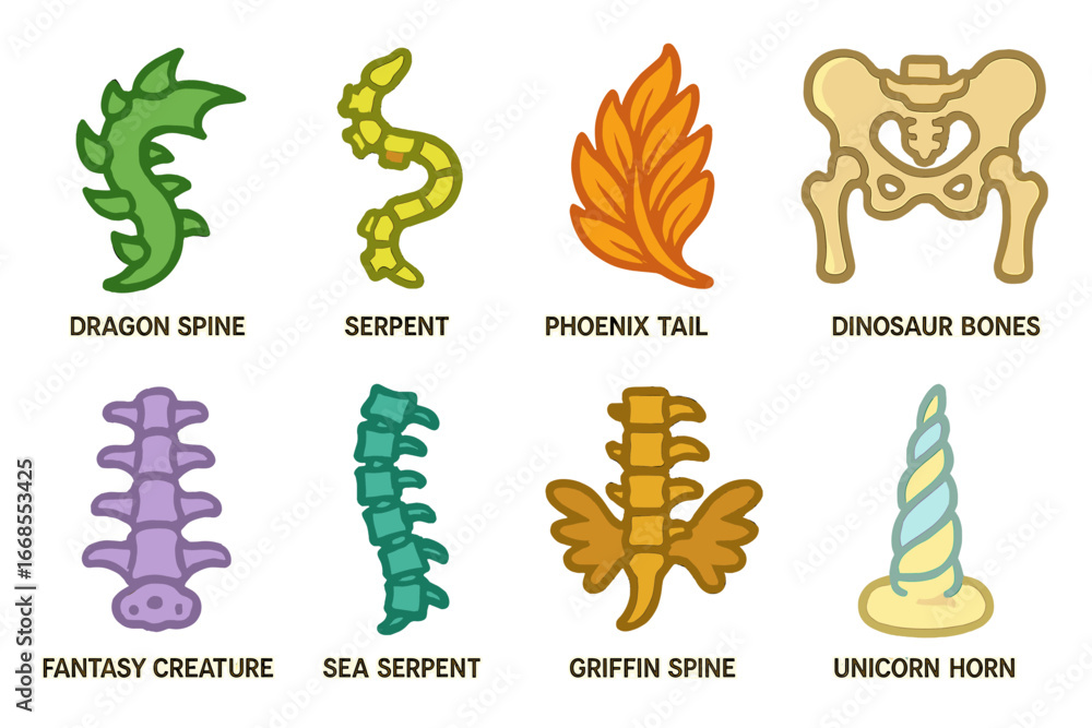 Fototapeta premium Mythical Spines Icons. Flat vector mini-illustrations mythical spines in colors children's illustrations: dragon spine, serpent