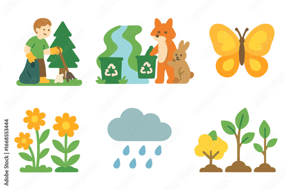 Fototapeta premium Nature Recycling Icons. Flat vector mini-illustrations recycling in nature in colors children's illustrations: forest clean-up,