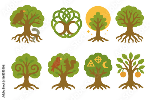 Mythical Trees Icons. Flat vector mini-illustrations mythological tree of life in colors children's illustrations: Norse Yggdrasil