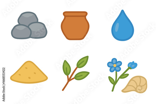 Natural Elements Icons. Flat vector mini-illustrations natural raw materials in colors children's illustrations: stone pile, clay