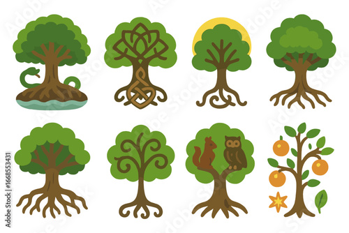 Mythical Trees Icons. Flat vector mini-illustrations mythological tree of life in colors children's illustrations: Norse Yggdrasil