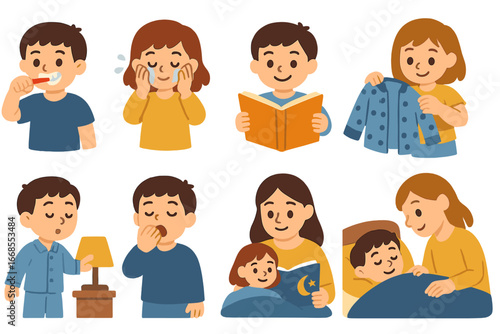 Nighttime Routine Illustrations. Flat vector mini-illustrations nighttime routines in colors children's illustrations: brushing