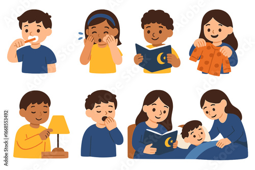 Nighttime Routine Illustrations. Flat vector mini-illustrations nighttime routines in colors children's illustrations: brushing