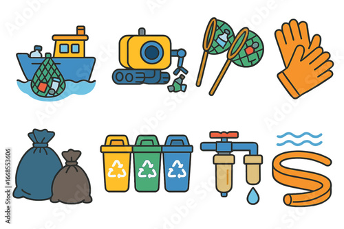 Ocean Cleanup Tools. Flat vector mini-illustrations ocean cleanup tools in colors children's illustrations: trash skimmer boat,