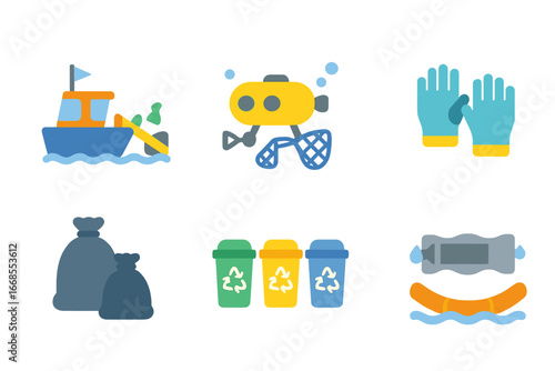 Ocean Cleanup Tools. Flat vector mini-illustrations ocean cleanup tools in colors children's illustrations: trash skimmer boat,