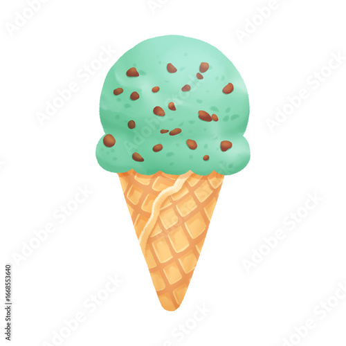 A vibrant illustration of a single scoop of mint chocolate chip ice cream in a classic waffle cone, featuring a refreshing green color with scattered chocolate bits.