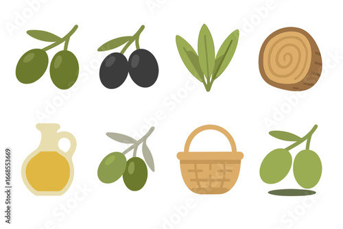 Olive-Themed Icon Grid. Flat vector mini-illustrations olive colors in colors children's illustrations: dark green olives, black